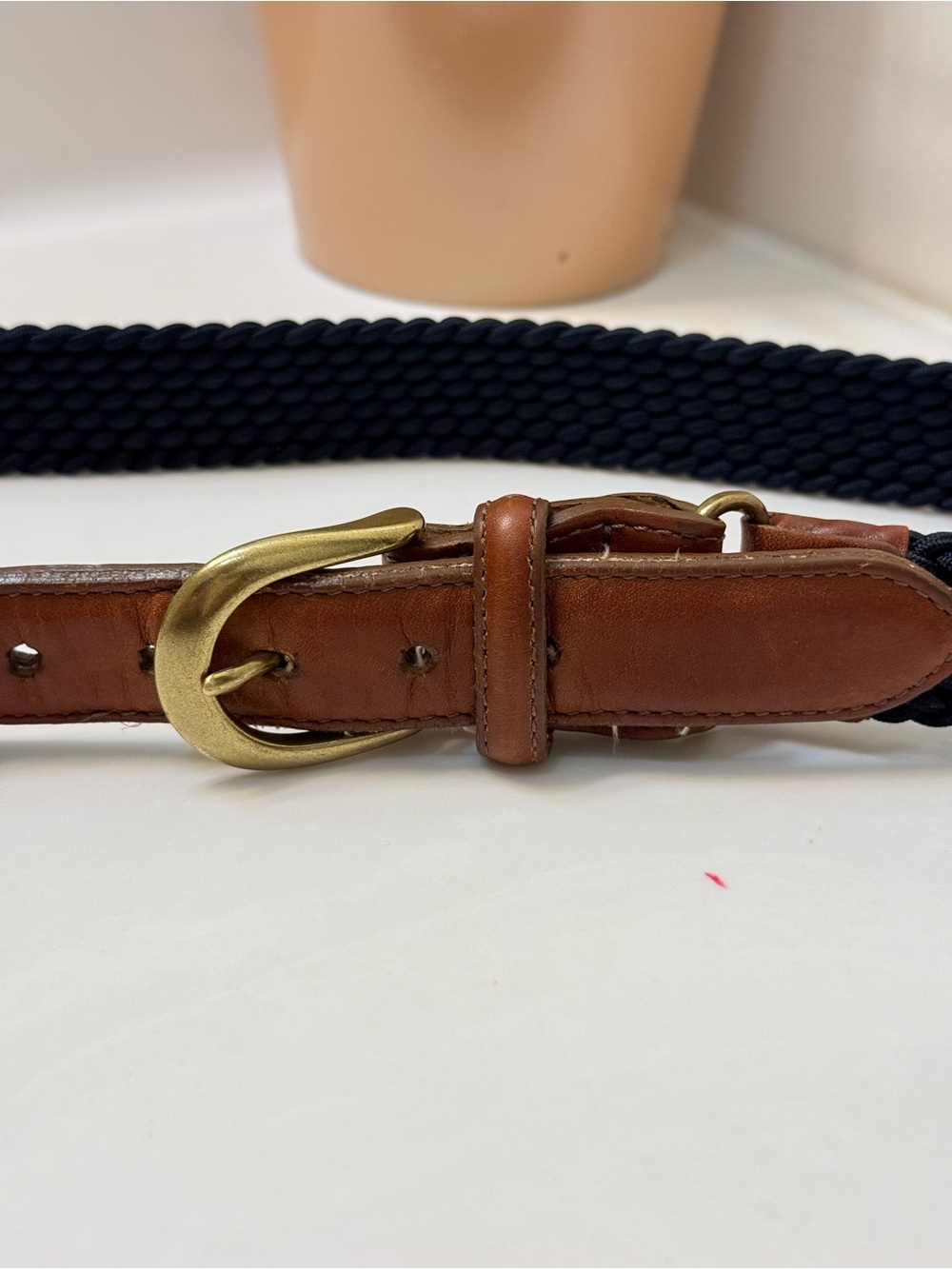 Lands' End Brown Leather & Navy Woven Belt with Brass Buckle size 28
